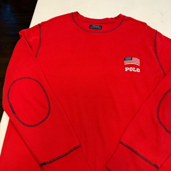 Polo Ralph Lauren Waffle Knit Shirt Mens Sz XL USA flag Red Long Sleeve - Picture 7 of 8